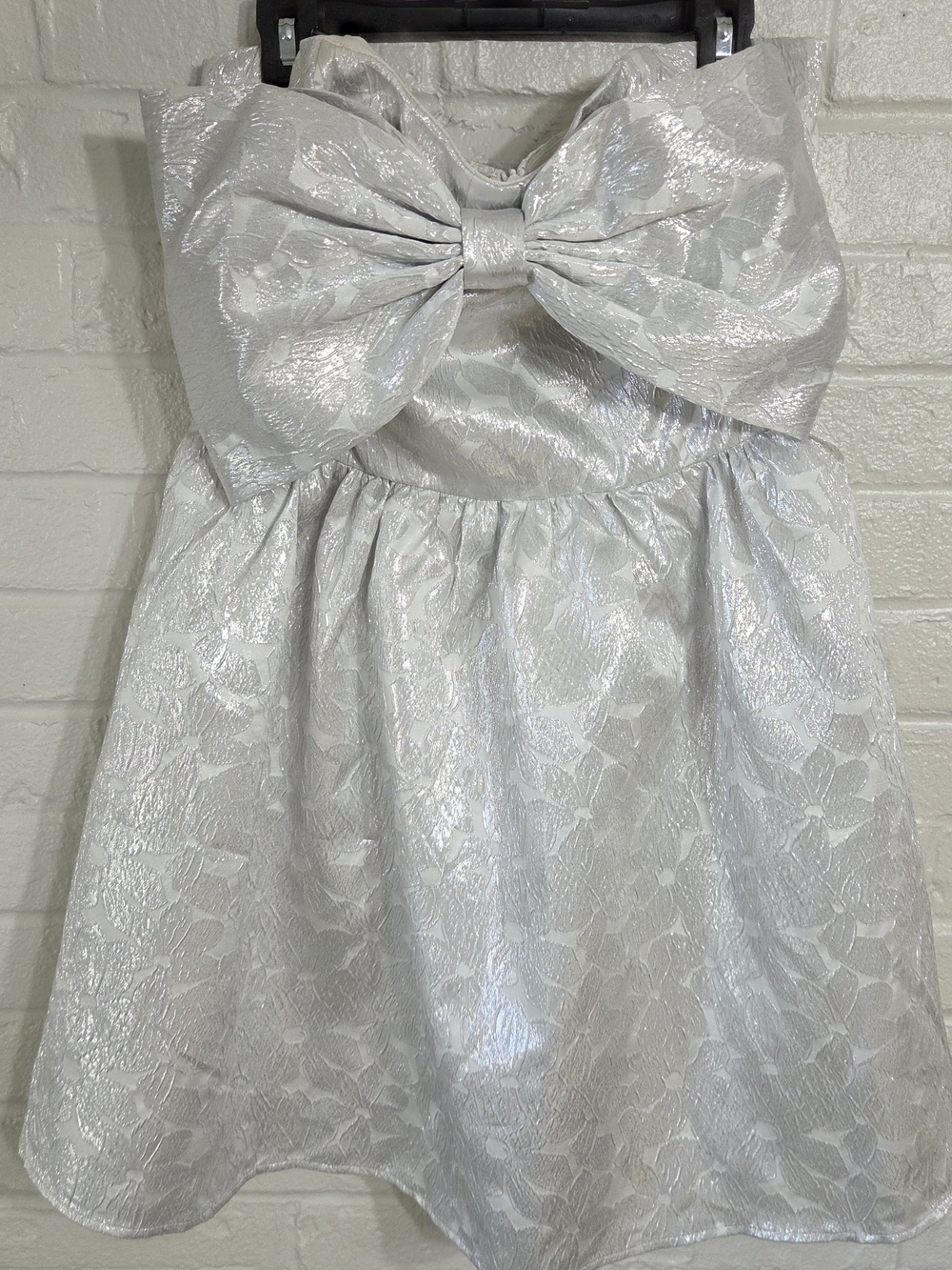Women's Silver Metallic Strapless Mini Dress with Front Bow